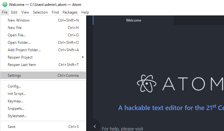 Menu de Arquivo do Atom, uma das escolhas sendo Settings