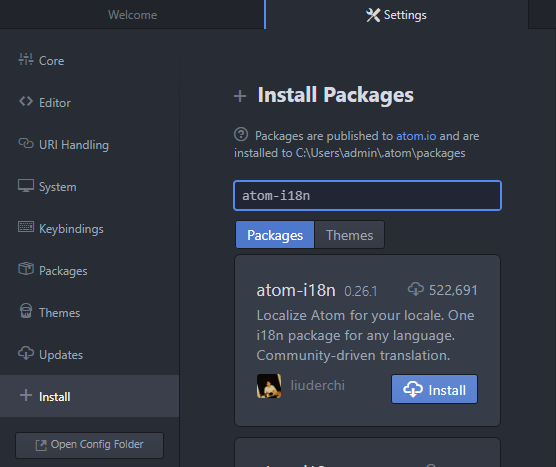 Aba de Install do Atom que mostra o pacote atom-i18n incluído nos resultados da busca