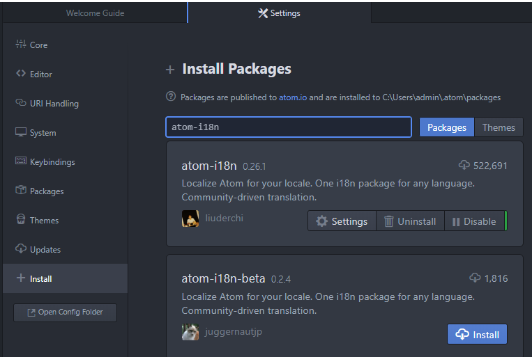 Aba de Install do Atom que mostra o pacote atom-i18n depois de ser instalado