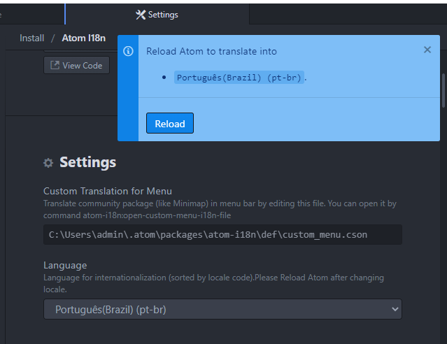 Escolha de Português do Brasil como a opção de Language nas configurações do pacote atom-i18n