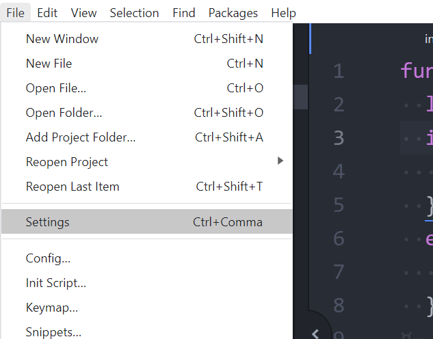 Menu do Editor de Texto Atom Onde File (Arquivo) está expandido, com a seleção do ítem de menu de Settings (Configurações)