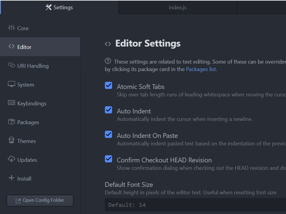 Settings (Configurações) do Editor de Texto Atom, com a aba do Editor na barra lateral selecionada