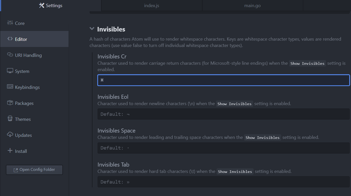 Configuração do Padrão dos Caracteres Invisíveis no Editor de Texto Atom
