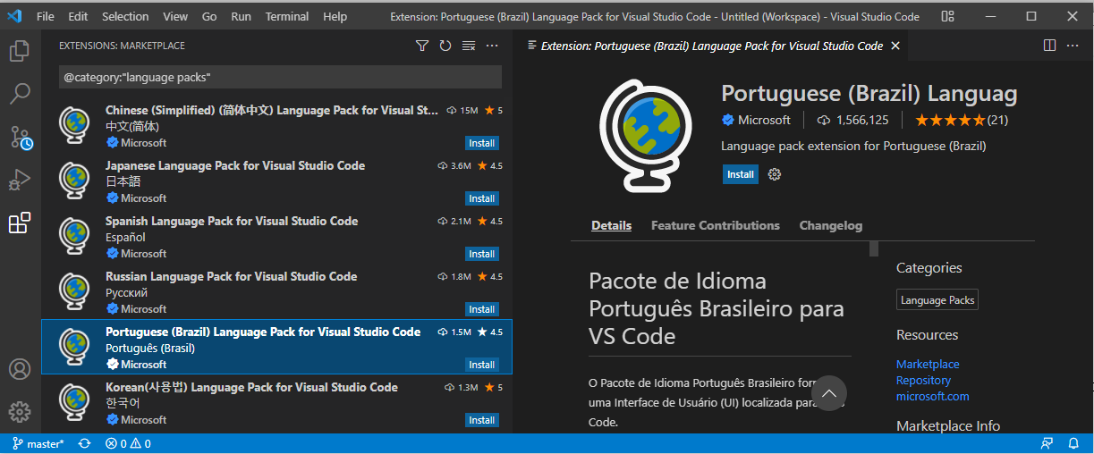 Extensão para o idioma português no vscode: Portuguese (Brazil) Language Pack for Visual Studio