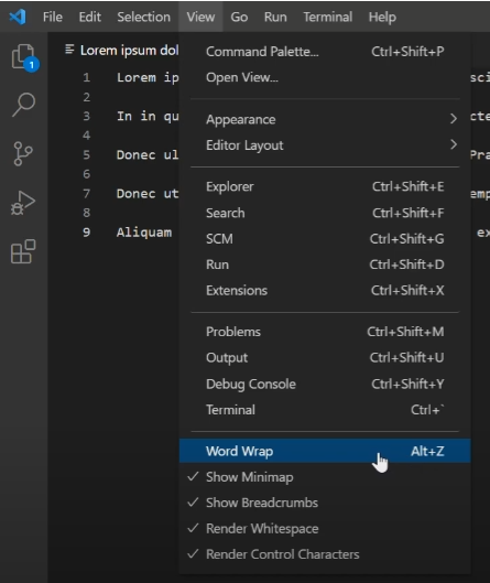 Opção de Word Wrap do menu de View no Visual Studio Code